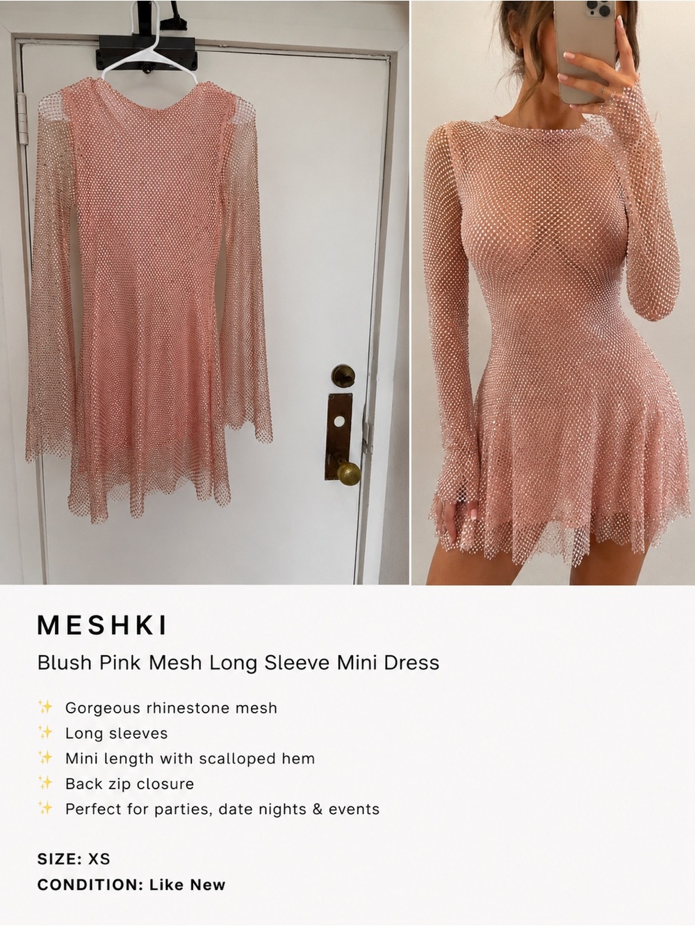 MESHKI Samira Flare Sleeve Diamante Mesh Mini Dress [2, 20].